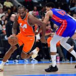 Dec 28, 2025; Inglewood, California, USA; Los Angeles Clippers forward Kawhi Leonard (2) moves to the basket against Detroit Pistons forward Tobias Harris (12) during the first half at Intuit Dome. Mandatory Credit: Gary A. Vasquez-Imagn Images