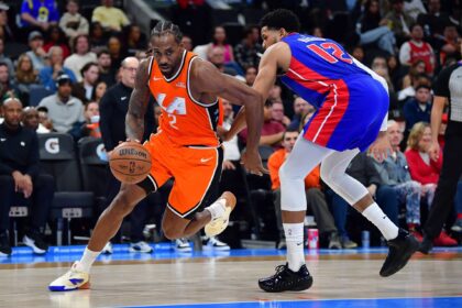 Dec 28, 2025; Inglewood, California, USA; Los Angeles Clippers forward Kawhi Leonard (2) moves to the basket against Detroit Pistons forward Tobias Harris (12) during the first half at Intuit Dome. Mandatory Credit: Gary A. Vasquez-Imagn Images