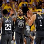 June 3, 2018; Oakland, CA, USA; Golden State Warriors forward Kevin Durant (35) celebrates with forward Draymond Green (23) and center JaVale McGee (1) during the second quarter in game two of the 2018 NBA Finals against the Cleveland Cavaliers at Oracle Arena. The Warriors defeated the Cavaliers 122-103 for a 2-0 lead in the series. Mandatory Credit: Kyle Terada-Imagn Images