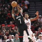 Dec 27, 2025; Houston, Texas, USA; Houston Rockets forward Kevin Durant (7) shoots the ball as Cleveland Cavaliers forward De'Andre Hunter (12) defends during the second quarter at Toyota Center. Mandatory Credit: Troy Taormina-Imagn Images