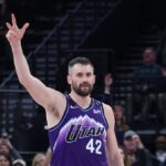 Salt Lake City, Utah, USA; Utah Jazz forward Kevin Love (42) reacts after a play against the Orlando Magic during overtime at Delta Center. Mandatory Credit: Rob Gray-Imagn Images