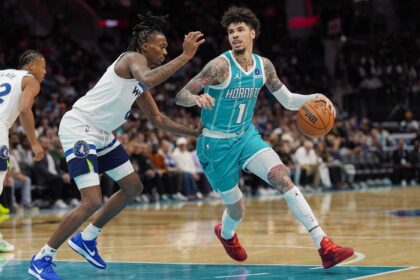 Nov 1, 2025; Charlotte, North Carolina, USA; Charlotte Hornets guard LaMelo Ball (1) handles the ball against Minnesota Timberwolves guard Bones Hyland (8) during the second quarter at Spectrum Center. Mandatory Credit: Jim Dedmon-Imagn Images