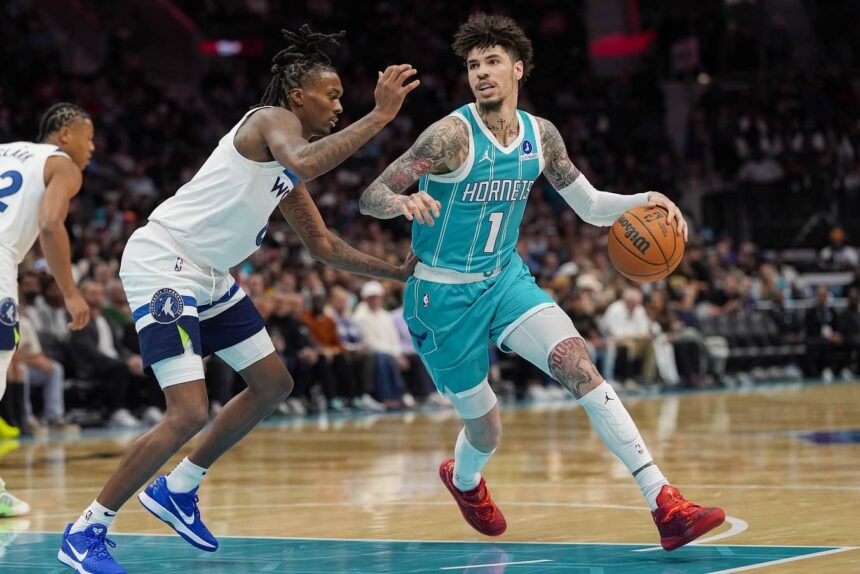 Nov 1, 2025; Charlotte, North Carolina, USA; Charlotte Hornets guard LaMelo Ball (1) handles the ball against Minnesota Timberwolves guard Bones Hyland (8) during the second quarter at Spectrum Center. Mandatory Credit: Jim Dedmon-Imagn Images