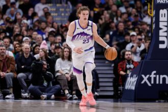 Dec 22, 2025; Denver, Colorado, USA; Utah Jazz forward Lauri Markkanen (23) dribbles the ball up court in the third quarter against the Denver Nuggets at Ball Arena. Mandatory Credit: Isaiah J. Downing-Imagn Images