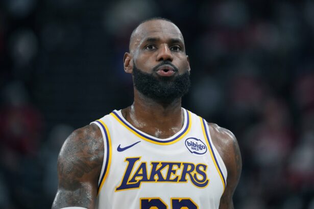 Los Angeles Lakers forward Lebron James (23) reacts against the LA Clippers in the second half at Intuit Dome.