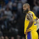 Apr 25, 2025; Minneapolis, Minnesota, USA; Los Angeles Lakers forward LeBron James (23) looks on against the Minnesota Timberwolves in the second half during game three of first round for the 2024 NBA Playoffs at Target Center. Mandatory Credit: Jesse Johnson-Imagn Images