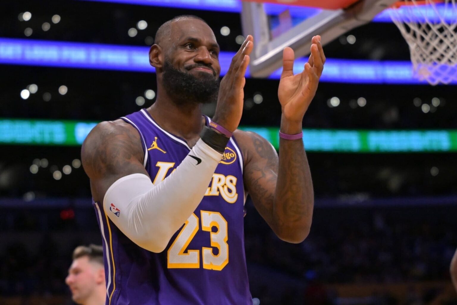 Dec 10, 2025; Los Angeles, California, USA; Los Angeles Lakers forward Lebron James (23) reacts after a missed basket during the second half against the San Antonio Spurs at Crypto.com Arena. Mandatory Credit: Jayne Kamin-Oncea-Imagn Images