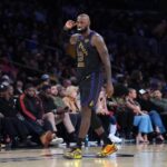 Nov 18, 2025; Los Angeles, California, USA; Los Angeles Lakers forward LeBron James (23) reacts against the Utah Jazz in the fourth quarter at Crypto.com Arena. Mandatory Credit: Kirby Lee-Imagn Images