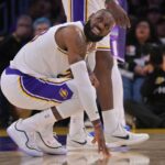 Dec 28, 2025; Los Angeles, California, USA; Los Angeles Lakers forward Lebron James (23) reacts on the court in the second half against the Sacramento Kings at Crypto.com Arena. Mandatory Credit: Jayne Kamin-Oncea-Imagn Images
