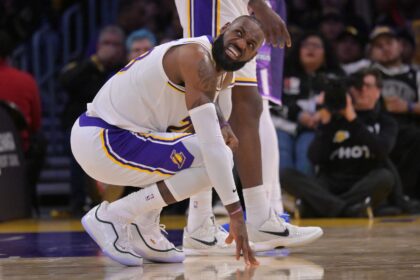 Dec 28, 2025; Los Angeles, California, USA; Los Angeles Lakers forward Lebron James (23) reacts on the court in the second half against the Sacramento Kings at Crypto.com Arena. Mandatory Credit: Jayne Kamin-Oncea-Imagn Images