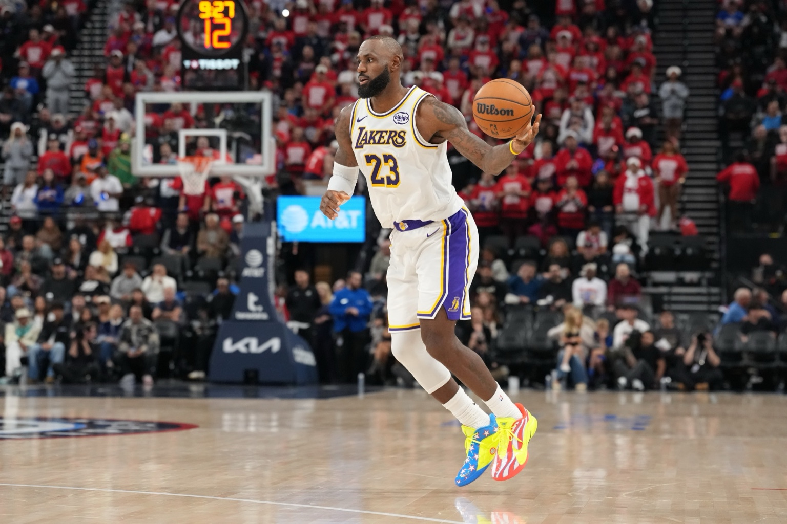 Dec 20, 2025; Inglewood, California, USA; Los Angeles Lakers forward Lebron James (23) dribbles the ball against the LA Clippers in the second half at Intuit Dome. Mandatory Credit: Kirby Lee-Imagn Images