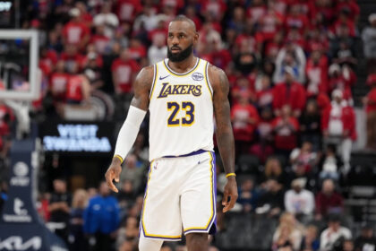 Dec 20, 2025; Inglewood, California, USA; Los Angeles Lakers forward Lebron James (23) reacts against the LA Clippers in the second half at Intuit Dome. Mandatory Credit: Kirby Lee-Imagn Images