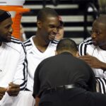 Oct 10, 2013; Auburn Hills, MI, USA; Miami Heat small forward LeBron James (left) power forward Chris Bosh (middle) and shooting guard Dwyane Wade (right) during the third quarter against the Detroit Pistons at The Palace of Auburn Hills. Heat beat the Pistons 112-107. Mandatory Credit: Raj Mehta-USA TODAY Sports