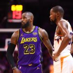 Oct 28, 2024; Phoenix, Arizona, USA; Los Angeles Lakers forward LeBron James (23) against Phoenix Suns forward Kevin Durant (35) at Footprint Center. Mandatory Credit: Mark J. Rebilas-Imagn Images