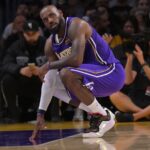 Dec 10, 2025; Los Angeles, California, USA; Los Angeles Lakers forward Lebron James (23) reacts after a foul call during the second half against the San Antonio Spurs at Crypto.com Arena. Mandatory Credit: Jayne Kamin-Oncea-Imagn Images
