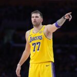 Oct 24, 2025; Los Angeles, California, USA; Los Angeles Lakers guard Luka Doncic (77) gestures in the second half against the Minnesota Timberwolves at Crypto.com Arena. Mandatory Credit: Kirby Lee-Imagn Images