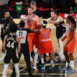 Oklahoma City Thunder center Isaiah Hartenstein (55) and Milwaukee Bucks forward Taurean Prince (12) get into a scuffle during the 2nd quarter of the Emirates NBA Cup championship game at T-Mobile Arena.