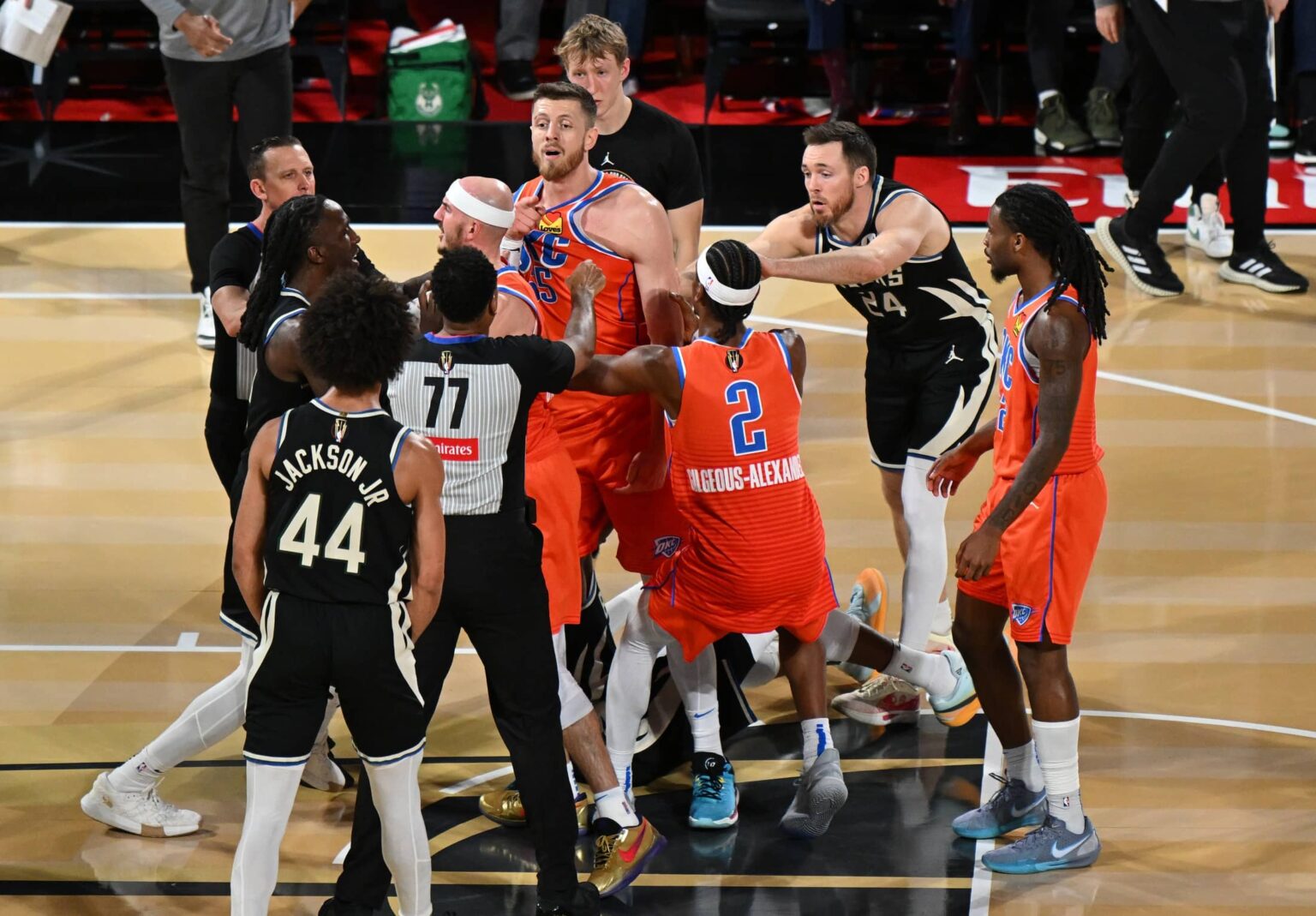 Oklahoma City Thunder center Isaiah Hartenstein (55) and Milwaukee Bucks forward Taurean Prince (12) get into a scuffle during the 2nd quarter of the Emirates NBA Cup championship game at T-Mobile Arena.