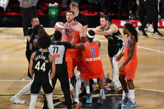 Oklahoma City Thunder center Isaiah Hartenstein (55) and Milwaukee Bucks forward Taurean Prince (12) get into a scuffle during the 2nd quarter of the Emirates NBA Cup championship game at T-Mobile Arena.