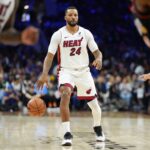 Miami Heat guard Norman Powell (24) controls the ball against the Philadelphia 76ers in the second quarter at Xfinity Mobile Arena.