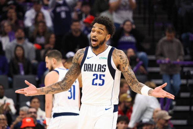 Dec 27, 2025; Sacramento, California, USA; Dallas Mavericks forward P.J. Washington Jr. (25) reacts after being called for an offensive foul against the Sacramento Kings during the fourth quarter at Golden 1 Center. Mandatory Credit: Kelley L Cox-Imagn Images