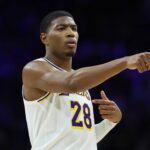 Los Angeles Lakers forward Rui Hachimura (28) reacts during the second quarter against the Philadelphia 76ers at Xfinity Mobile Arena.
