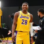 Sep 29, 2025; Los Angeles, CA, USA; Los Angeles Lakers forward Rui Hachimura (28) during media day at UCLA Health Training Center. Mandatory Credit: Gary A. Vasquez-Imagn Images