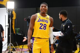 Sep 29, 2025; Los Angeles, CA, USA; Los Angeles Lakers forward Rui Hachimura (28) during media day at UCLA Health Training Center. Mandatory Credit: Gary A. Vasquez-Imagn Images