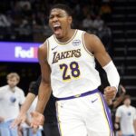 Oct 31, 2025; Memphis, Tennessee, USA; Los Angeles Lakers forward Rui Hachimura (28) reacts during the fourth quarter against the Memphis Grizzlies at FedExForum. Mandatory Credit: Petre Thomas-Imagn Images
