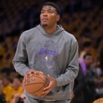 Apr 19, 2025; Los Angeles, California, USA; Los Angeles Lakers forward Rui Hachimura (28) warms up prior to the game against the Minnesota Timberwolves at Crypto.com Arena. Mandatory Credit: Jayne Kamin-Oncea-Imagn Images