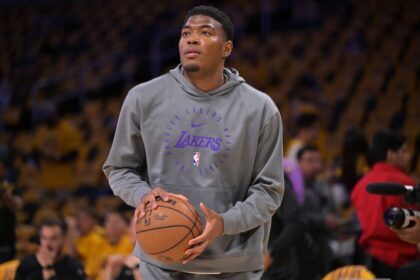 Apr 19, 2025; Los Angeles, California, USA; Los Angeles Lakers forward Rui Hachimura (28) warms up prior to the game against the Minnesota Timberwolves at Crypto.com Arena. Mandatory Credit: Jayne Kamin-Oncea-Imagn Images