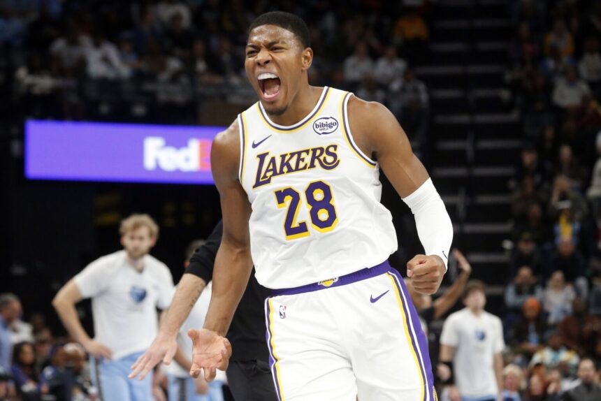 Oct 31, 2025; Memphis, Tennessee, USA; Los Angeles Lakers forward Rui Hachimura (28) reacts during the fourth quarter against the Memphis Grizzlies at FedExForum. Mandatory Credit: Petre Thomas-Imagn Images