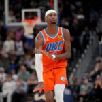 Dec 2, 2025; San Francisco, California, USA; Oklahoma City Thunder guard Shai Gilgeous-Alexander (2) reacts after making a basket against the Golden State Warriors in the fourth quarter at the Chase Center. Mandatory Credit: Cary Edmondson-Imagn Images