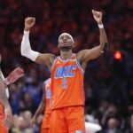 Nov 26, 2025; Oklahoma City, Oklahoma, USA; Oklahoma City Thunder guard Shai Gilgeous-Alexander (2) celebrates after scoring against the Minnesota Timberwolves during the second half at Paycom Center. Mandatory Credit: Alonzo Adams-Imagn Images