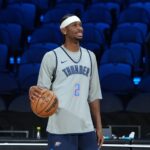 Dec 12, 2025; Las Vegas, NV, USA; Oklahoma City Thunder guard Shai Gilgeous-Alexander (2) reacts during practice prior to the Emirates Cup semifinals at T-Mobile Arena. Mandatory Credit: Kirby Lee-Imagn Images