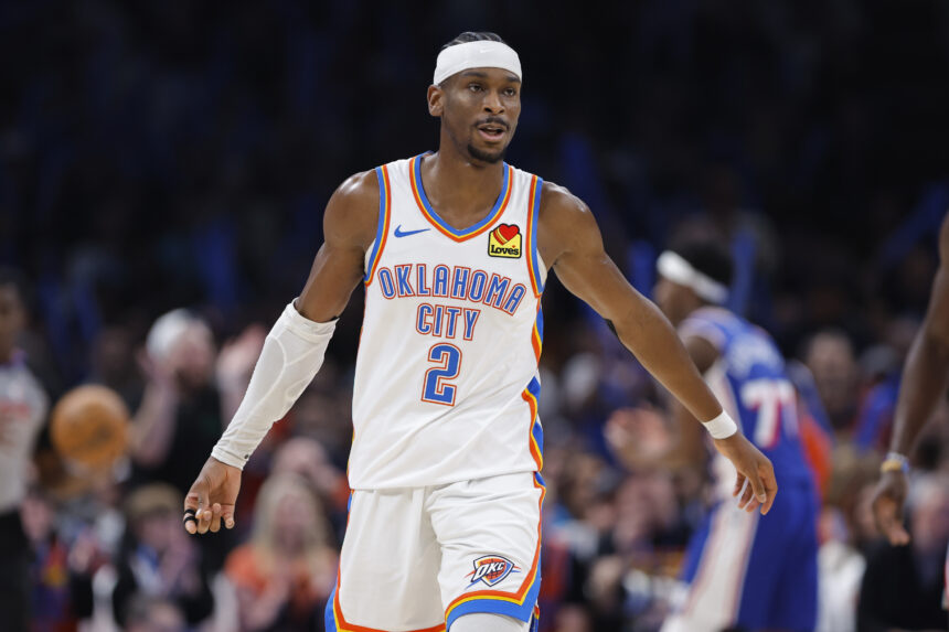 Dec 28, 2025; Oklahoma City, Oklahoma, USA; Oklahoma City Thunder guard Shai Gilgeous-Alexander during the second half against the Philadelphia 76ers at Paycom Center. Mandatory Credit: Alonzo Adams-Imagn Images