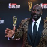 Shaquille O'Neal arrives on the red carpet before the Emirates NBA Cup semifinal game at T-Mobile Arena.