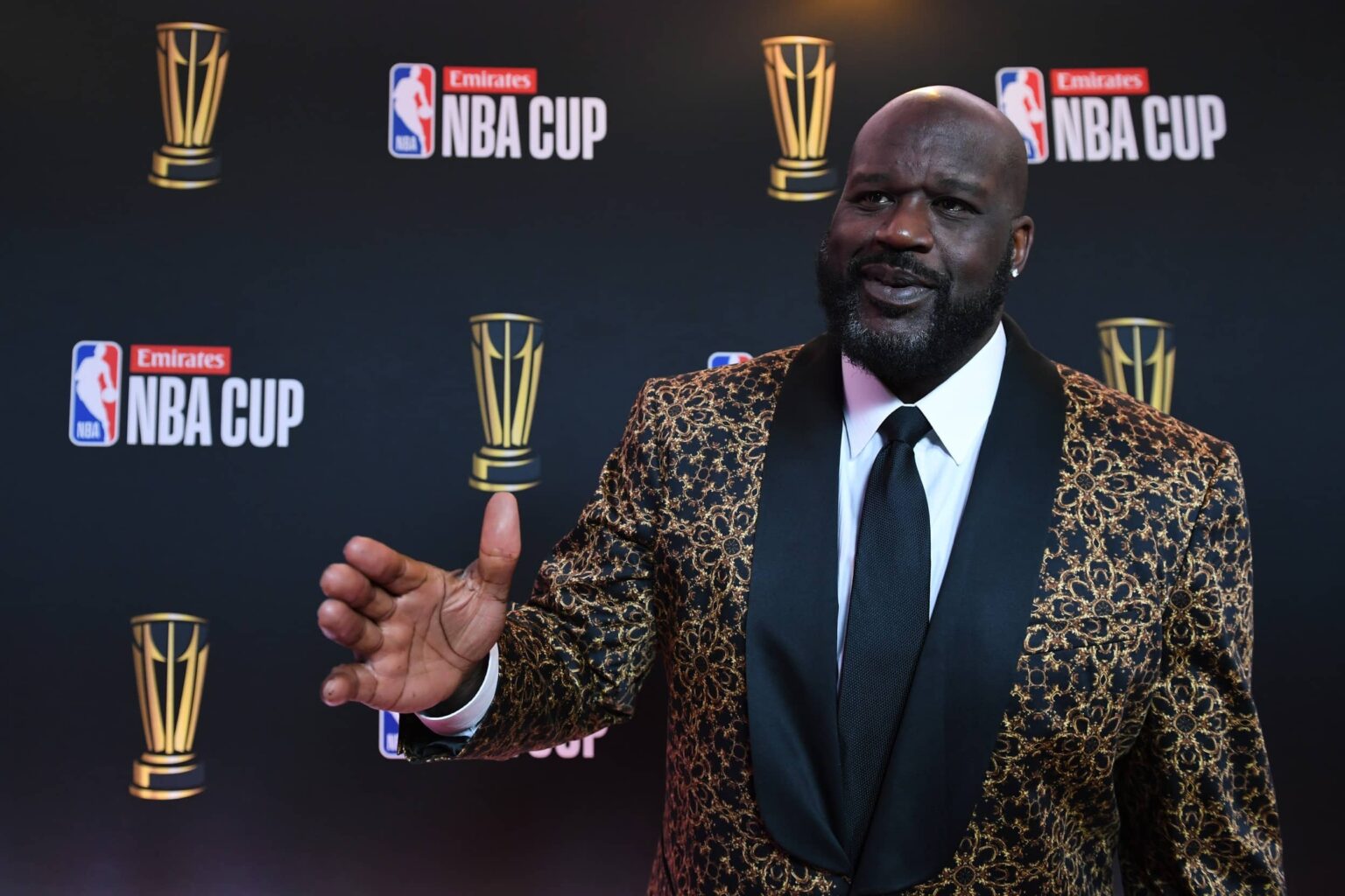 Shaquille O'Neal arrives on the red carpet before the Emirates NBA Cup semifinal game at T-Mobile Arena.