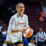 Indiana Fever guard Sophie Cunningham (8) warms up before the start of the game against the Connecticut Sun at Mohegan Sun Arena.