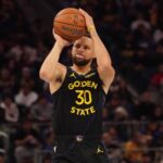 Nov 26, 2025; San Francisco, California, USA; Golden State Warriors guard Stephen Curry (30) shoots a three-pointer against the Houston Rockets in the second quarter at Chase Center. Mandatory Credit: David Gonzales-Imagn Images