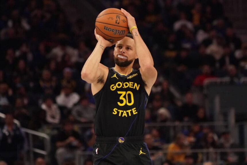 Nov 26, 2025; San Francisco, California, USA; Golden State Warriors guard Stephen Curry (30) shoots a three-pointer against the Houston Rockets in the second quarter at Chase Center. Mandatory Credit: David Gonzales-Imagn Images