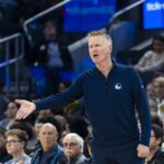 Dec 20, 2025; San Francisco, California, USA; Golden State Warriors head coach Steve Kerr reacts during the first quarter against the Phoenix Suns at Chase Center. Mandatory Credit: John Hefti-Imagn Images