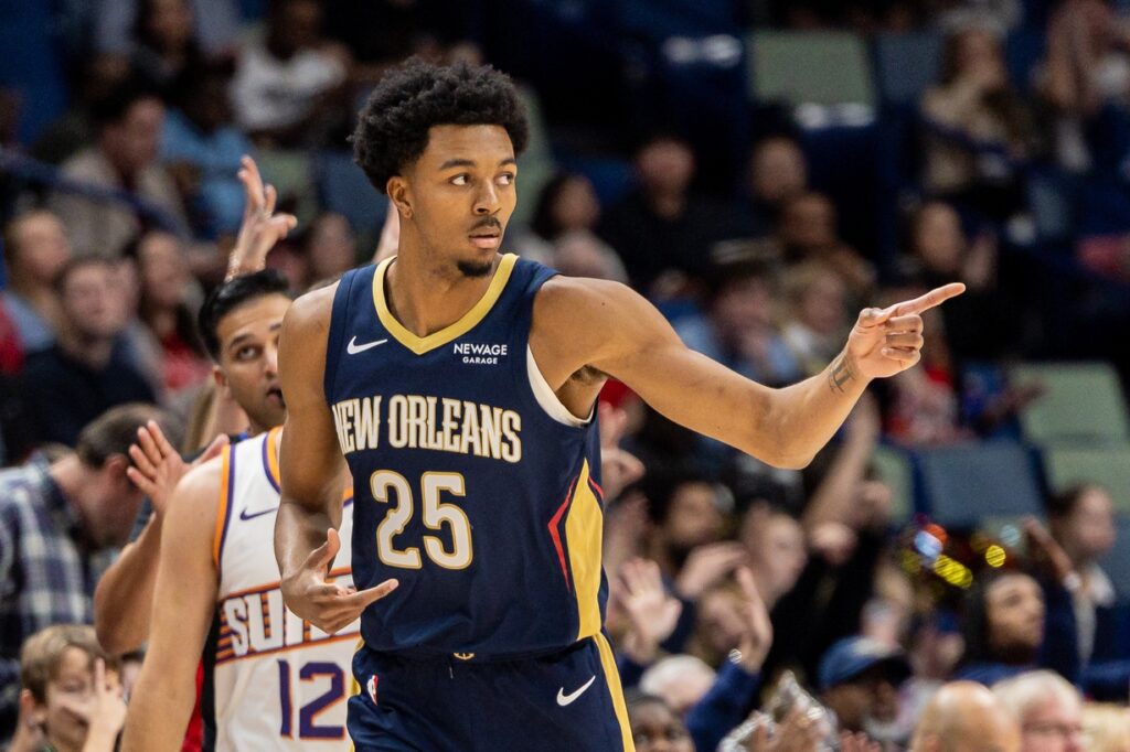 Dec 27, 2025; New Orleans, Louisiana, USA; New Orleans Pelicans forward Trey Murphy III (25) reacts to making a three-point basket against the Phoenix Suns during the first half at Smoothie King Center. Mandatory Credit: Stephen Lew-Imagn Images