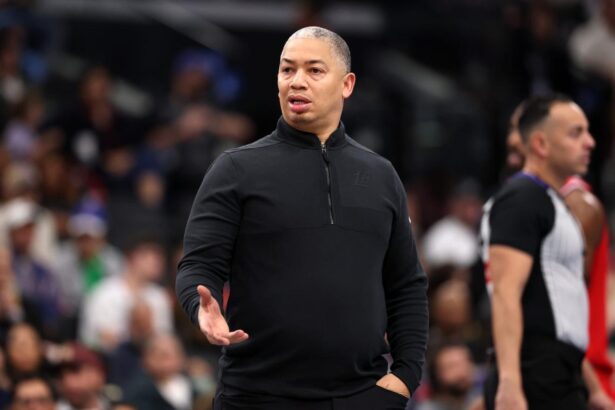 Nov 28, 2025; Inglewood, California, USA; Los Angeles Clippers Head Coach Tyronn Lue challenges a call during the first half against the Memphis Grizzlies at Intuit Dome. Mandatory Credit: Kiyoshi Mio-Imagn Images