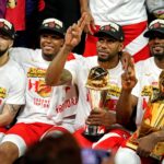 Jun 13, 2019; Oakland, CA, USA; Toronto Raptors guard Fred VanVleet (23), guard Kyle Lowry (7), forward Kawhi Leonard (2) and center Serge Ibaka (9) celebrates after beating the Golden State Warriors in game six of the 2019 NBA Finals at Oracle Arena. Mandatory Credit: Kyle Terada-USA TODAY Sports