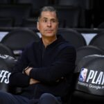 Apr 28, 2023; Los Angeles, California, USA; Los Angeles Lakers vice president of basketball operations and general manager Rob Pelinka looks on prior to game six of the 2023 NBA playoffs against the Memphis Grizzlies at Crypto.com Arena. Mandatory Credit: Jayne Kamin-Oncea-Imagn Images