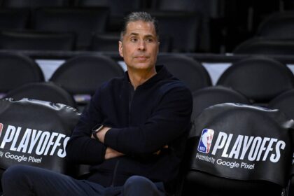 Apr 28, 2023; Los Angeles, California, USA; Los Angeles Lakers vice president of basketball operations and general manager Rob Pelinka looks on prior to game six of the 2023 NBA playoffs against the Memphis Grizzlies at Crypto.com Arena. Mandatory Credit: Jayne Kamin-Oncea-Imagn Images