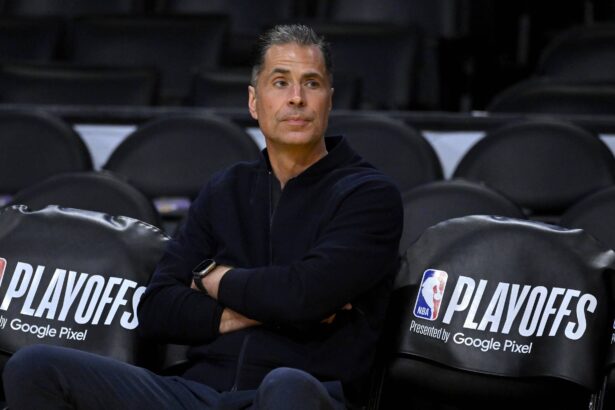 Apr 28, 2023; Los Angeles, California, USA; Los Angeles Lakers vice president of basketball operations and general manager Rob Pelinka looks on prior to game six of the 2023 NBA playoffs against the Memphis Grizzlies at Crypto.com Arena. Mandatory Credit: Jayne Kamin-Oncea-Imagn Images