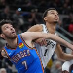 Feb 29, 2024; San Antonio, Texas, USA; Oklahoma City Thunder forward Chet Holmgren (7) and San Antonio Spurs center Victor Wembanyama (1) battle for position in the first half at Frost Bank Center. Mandatory Credit: Daniel Dunn-USA TODAY Sports