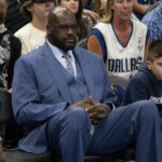 May 28, 2024; Dallas, Texas, USA; Shaquille O'Neal watches the game between the Dallas Mavericks and the Minnesota Timberwolves in game four of the western conference finals for the 2024 NBA playoffs at American Airlines Center. Mandatory Credit: Jerome Miron-Imagn Images